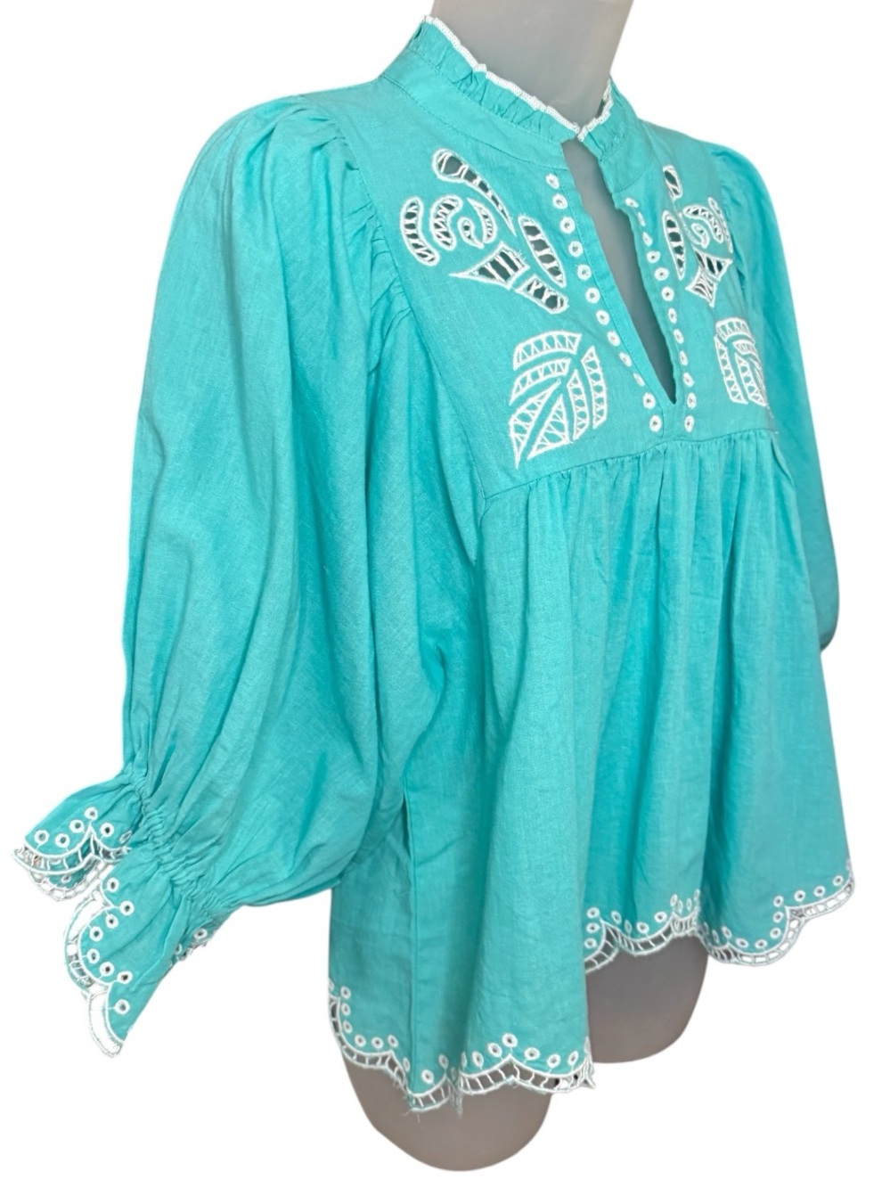 Never A Wallflower |Aqua Turquoise Eyelet
Embroidered Cotton/Linen Blend Top-NWT - Picture 4 of 9